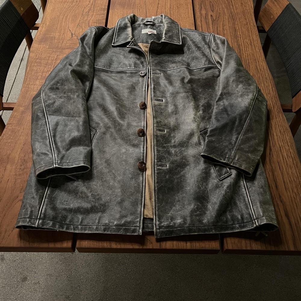 Bod & Christensen Coat Mens 48 Gray Distressed Leather Overcoat Button Front